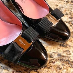 Salvatore Ferragamo Black Patent Leather Kitten Heels